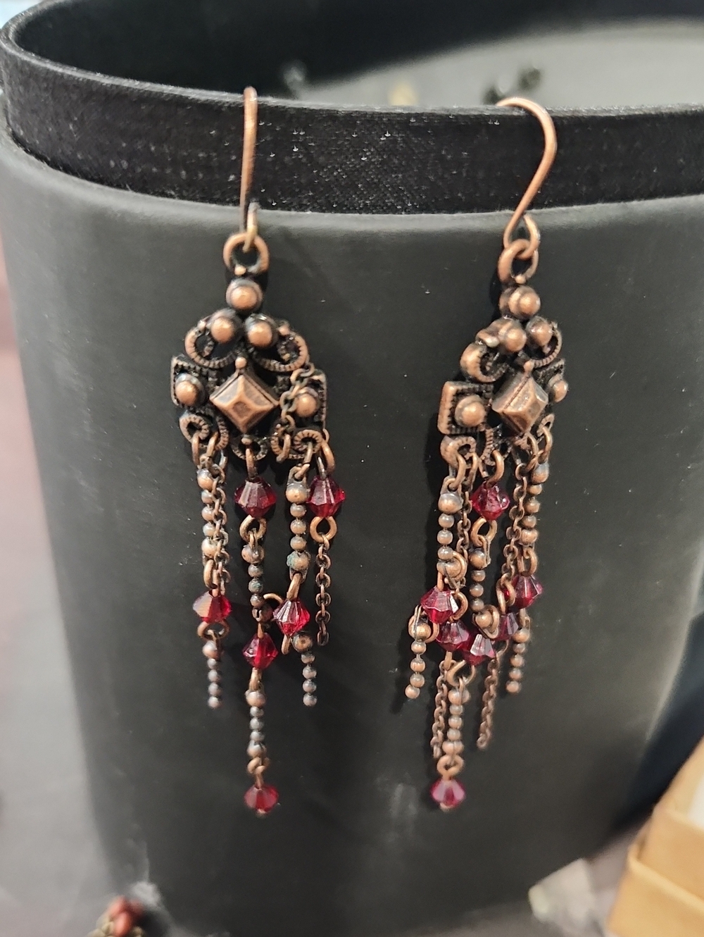 Vintage Copper-Tone Earrings with Red Crystal Drops - Women Jewelry